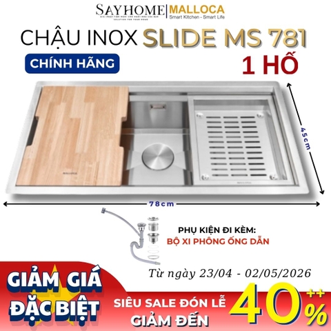 Chậu rửa chén bát 1 hố inox 304 MALLOCA Slide MS 781 - Chính hãng