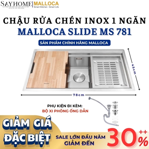 Chậu rửa chén bát 1 hố inox 304 MALLOCA Slide MS 781 - Chính hãng