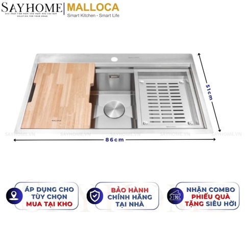 Chậu rửa chén bát 1 hố inox 304 MALLOCA Slide MS 861 86cm - Chính hãng