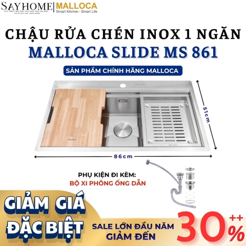 Chậu rửa chén bát 1 hố inox 304 MALLOCA Slide MS 861 86cm - Chính hãng