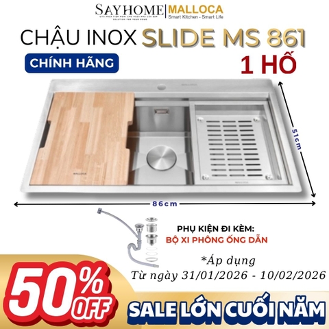 Chậu rửa chén bát 1 hố inox 304 MALLOCA Slide MS 861 86cm - Chính hãng
