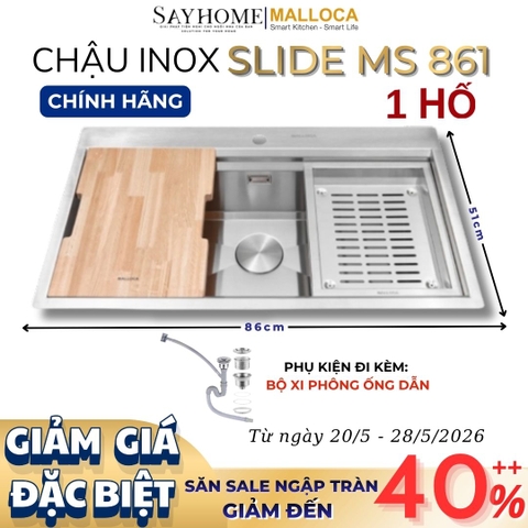Chậu rửa chén bát 1 hố inox 304 MALLOCA Slide MS 861 86cm - Chính hãng