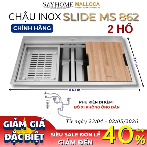 Chậu rửa chén bát 2 hố inox 304 MALLOCA Slide MS 862 - Chính hãng