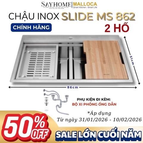 Chậu rửa chén bát 2 hố inox 304 MALLOCA Slide MS 862 - Chính hãng