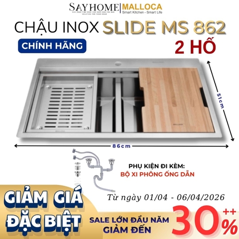 Chậu rửa chén bát 2 hố inox 304 MALLOCA Slide MS 862 - Chính hãng