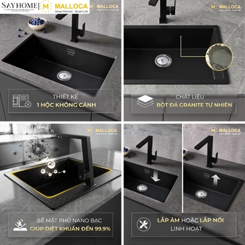 Chậu rửa chén bát đá Granite 1 hố MALLOCA ZEN K-13040 75cm tại Thành phố Hồ Chí Minh