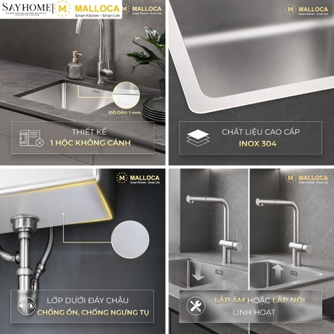 Chậu rửa chén bát 1 hố inox 304 MALLOCA MS 6044 tại Thành phố Hồ Chí Minh
