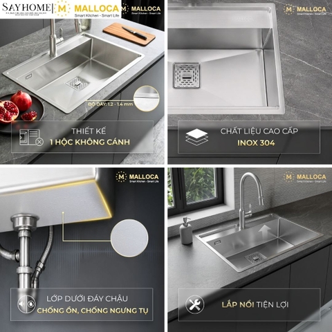 Chậu rửa chén bát 1 hố inox 304 MALLOCA MS 6302 ST 75cm tại Thành phố Hồ Chí Minh