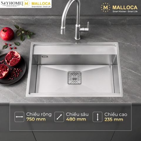 Chậu rửa chén bát 1 hố inox 304 MALLOCA MS 6302 ST 75cm tại Thành phố Hồ Chí Minh