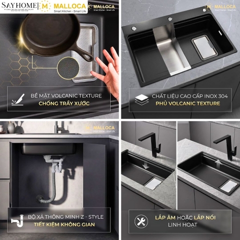 Chậu rửa chén bát 1 hố inox 304 MALLOCA Volcanic MS7743GR tại thành phố Hồ Chí Minh