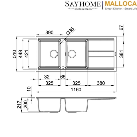 Chậu rửa đá 2 ngăn Malloca TORTORA K-50043 tại thành phố Hồ Chí Minh