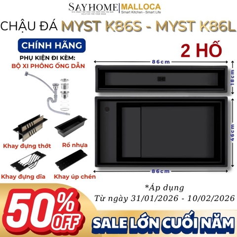 Chậu rửa chén bát đá Granite 2 hố MALLOCA MYST K86S - MYST K86L - Chính hãng