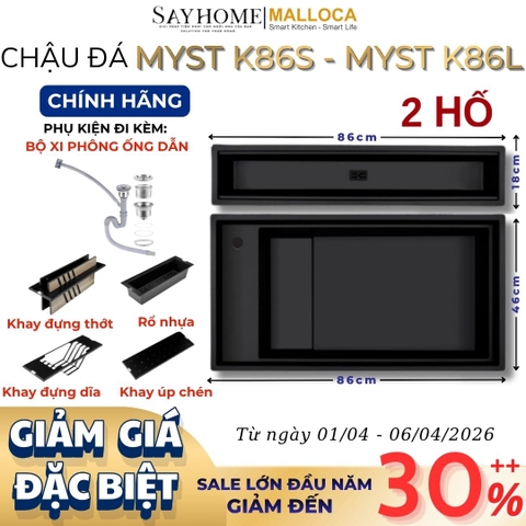 Chậu rửa chén bát đá Granite 2 hố MALLOCA MYST K86S - MYST K86L - Chính hãng