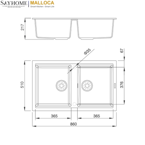 Chậu rửa đá MALLOCA BLACK K-45086 2 ngăn Granite Nano màu đen - Hàng chính hãng
