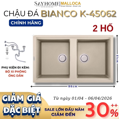 Chậu rửa chén bát đá Granite 2 hố MALLOCA BIANCO K-45062 - Chính hãng