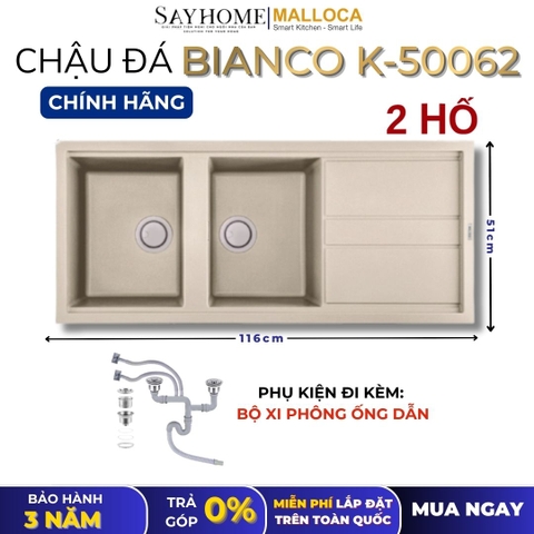 Chậu rửa chén bát đá Granite 2 hố MALLOCA BIANCO K-50062 - Chính hãng