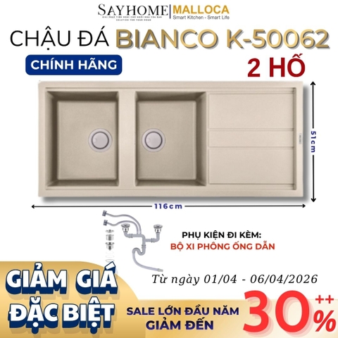 Chậu rửa chén bát đá Granite 2 hố MALLOCA BIANCO K-50062 - Chính hãng