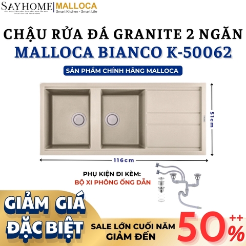 Chậu rửa đá MALLOCA BIANCO K-50062 2 ngăn - Hàng chính hãng