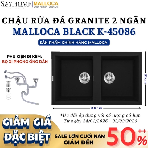 Chậu rửa chén bát đá Granite 2 hố MALLOCA BLACK K-45086 86cm màu đen - Chính hãng