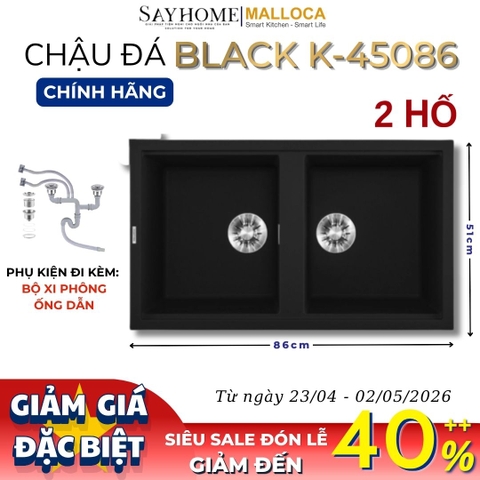 Chậu rửa chén bát đá Granite 2 hố MALLOCA BLACK K-45086 86cm màu đen - Chính hãng