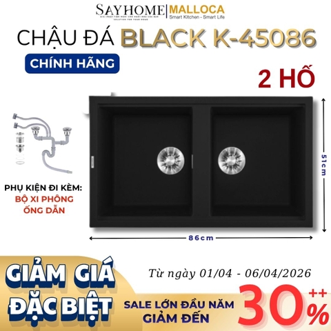 Chậu rửa chén bát đá Granite 2 hố MALLOCA BLACK K-45086 86cm màu đen - Chính hãng