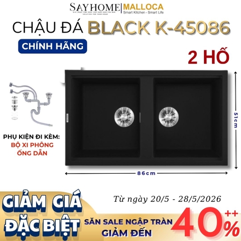 Chậu rửa chén bát đá Granite 2 hố MALLOCA BLACK K-45086 86cm màu đen - Chính hãng