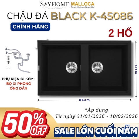 Chậu rửa chén bát đá Granite 2 hố MALLOCA BLACK K-45086 86cm màu đen - Chính hãng