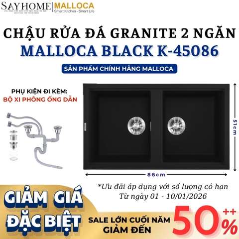 Chậu rửa đá MALLOCA BLACK K-45086 2 ngăn Granite Nano màu đen - Hàng chính hãng