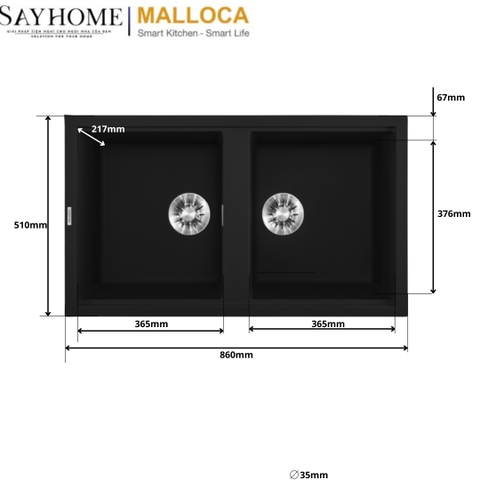 Chậu rửa đá MALLOCA BLACK K-45086 2 ngăn Granite Nano màu đen - Hàng chính hãng