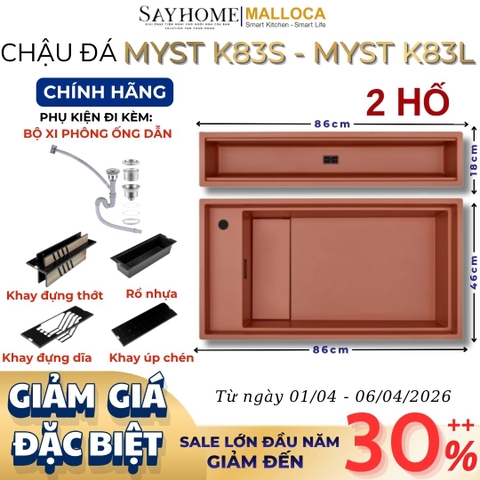 Chậu rửa chén bát đá Granite 2 hố MALLOCA MYST K83S - MYST K83L - Chính hãng