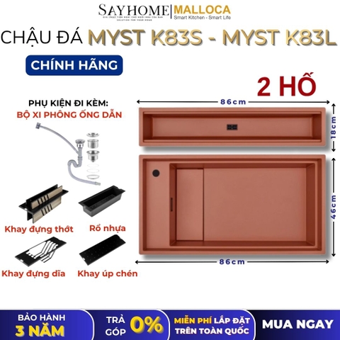 Chậu rửa chén bát đá Granite 2 hố MALLOCA MYST K83S - MYST K83L - Chính hãng