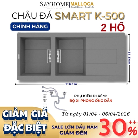 Chậu rửa chén bát đá Granite 2 hố MALLOCA SMART K-500 - Chính hãng