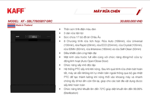 Máy rửa chén bát KAFF KF - SBL77805B17 GRC mới 2026 _ xuất xứ Thái Lan