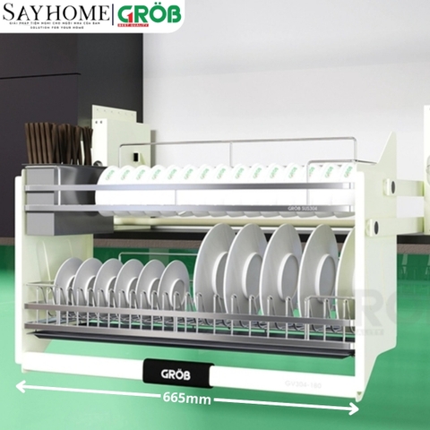 Giá chén bát nâng hạ GROB GV304-160/170/180/190 inox 304, nan dẹt - Hàng chính hãng Grob