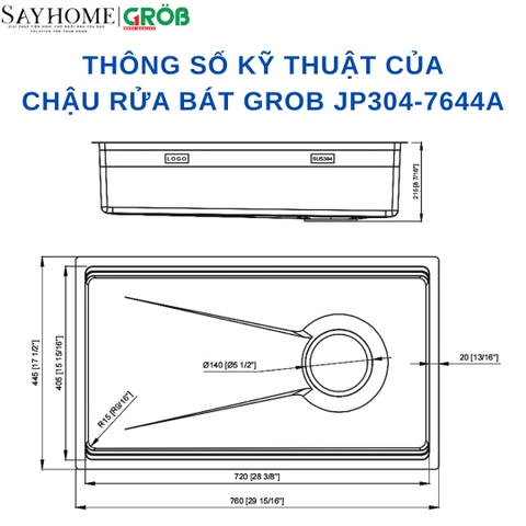 Chậu rửa bát GROB JP304-7644A, JP304-8644A 1 hố kiểu dáng Nhật Bản - Hàng chính hãng