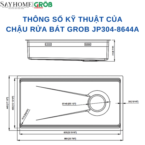 Chậu rửa bát GROB JP304-7644A, JP304-8644A 1 hố kiểu dáng Nhật Bản - Hàng chính hãng