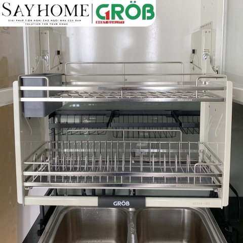 Giá chén bát nâng hạ GROB GV304-160/170/180/190 inox 304, nan dẹt - Hàng chính hãng Grob