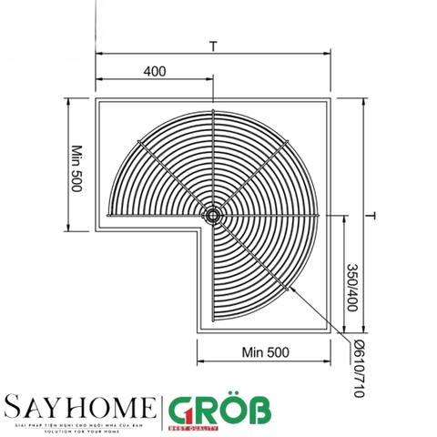 Mâm xoay GROB GV304-270A/270B góc 270 độ inox SUS304, nan dẹt - Hàng chính hãng GROB
