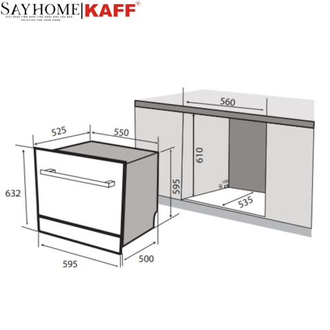 Máy rửa chén bát KAFF KF-BISMS8 PLUS âm bán phần 12 bộ đồ ăn Châu Âu - Bảo hành chính hãng 5 năm