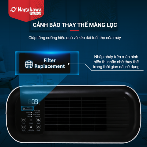 Máy lọc không khí Nagakawa NAG3502M cảm biến, tạo ion - Màng lọc HEPA H13, Diện tích sử dụng 50m2 - Made in Malaysia