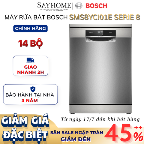 Máy rửa chén bát Bosch SMS8YCI01E Serie 8 độc lập 14 bộ chén dĩa - Hàng chính hãng