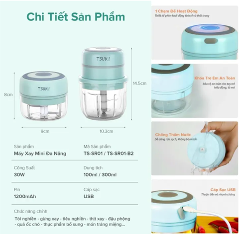 Máy xay mini TSUKI TS-SR01 đa năng thủy tinh, dung tích 300ml, lưỡi dao thép không gỉ - Hàng chính hãng