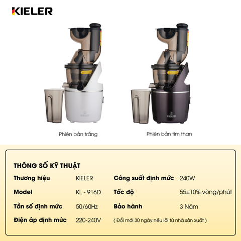 Máy ép chậm KIELER VNB.KL-916D Plus CAO CẤP  - Trục ép inox - Chức năng làm kem xay sinh tố - Hàng chính hãng