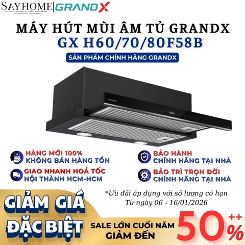Máy hút mùi GrandX GX H60F58B/ GX H70F58B/ GX H90F58B âm tủ, ray kéo - Hàng chính hãng