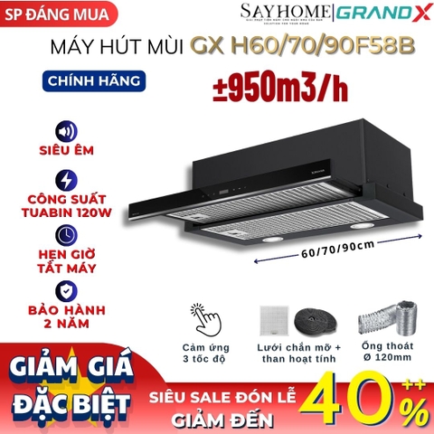 Máy hút mùi GrandX GX H60F58B/ GX H70F58B/ GX H90F58B âm tủ, ray kéo - Hàng chính hãng