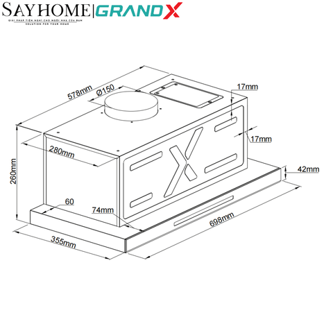 Máy hút mùi GrandX GX H70F85B/ GX H70F85G/ GX H80F85B âm tủ, ray kéo - Hàng chính hãng