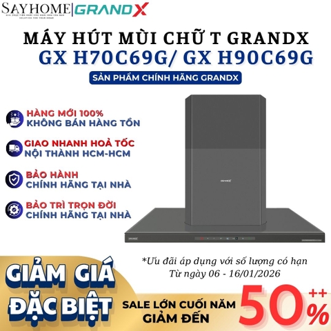 Máy hút mùi GrandX GX H70C69G/ GX H90C69G kính toa, áp tường, màu xám titan - Hàng chính hãng