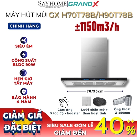 Máy hút mùi GrandX GX H70T78B/ GX H90T78B kính toa, áp tường, màu đen - Hàng chính hãng