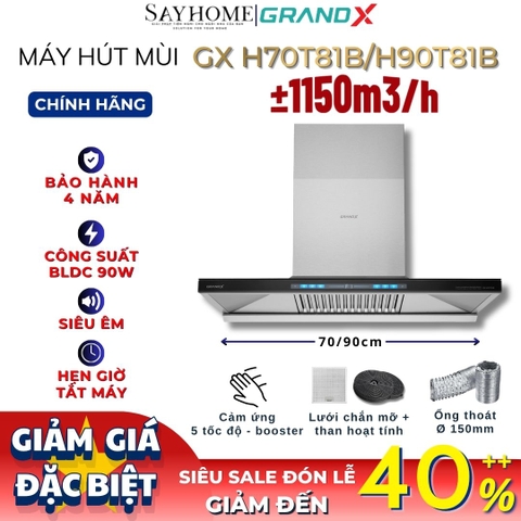 Máy hút mùi GrandX GX H70T81Luxury / GX H90T81Luxury kính toa, áp tường, màu đen titan - Hàng chính hãng