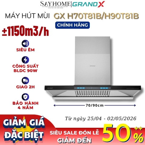 Máy hút mùi GrandX GX H70T81B / GX H90T81B kính toa, áp tường - Hàng chính hãng